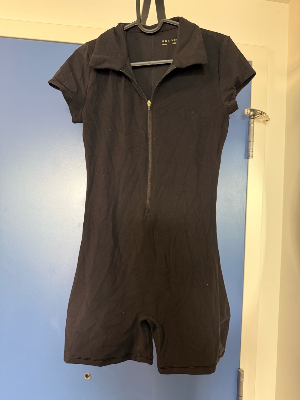 Aritzia Black Short-Sleeve Butter Romper with Zip